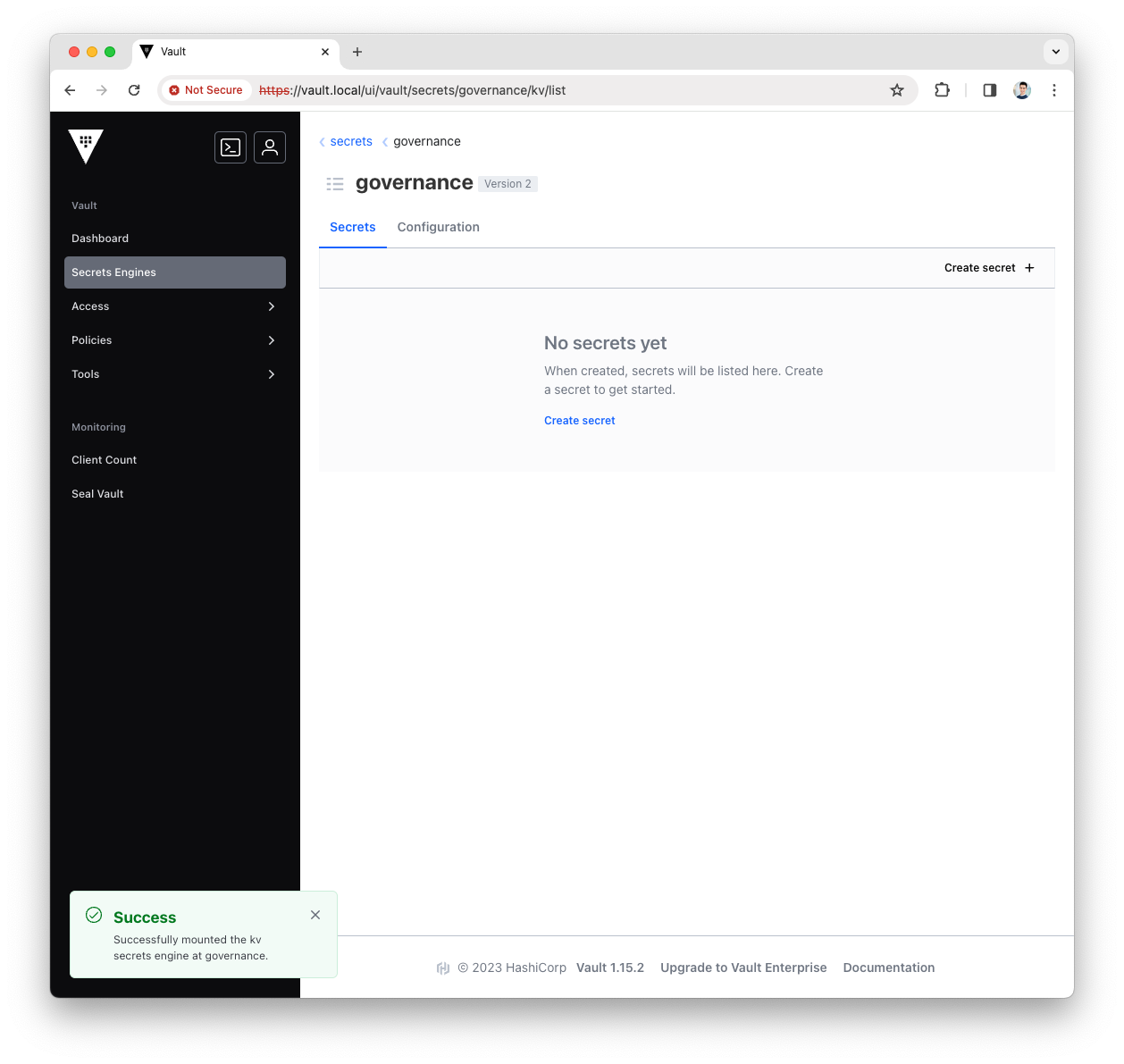 `governance` KV secrets engine created