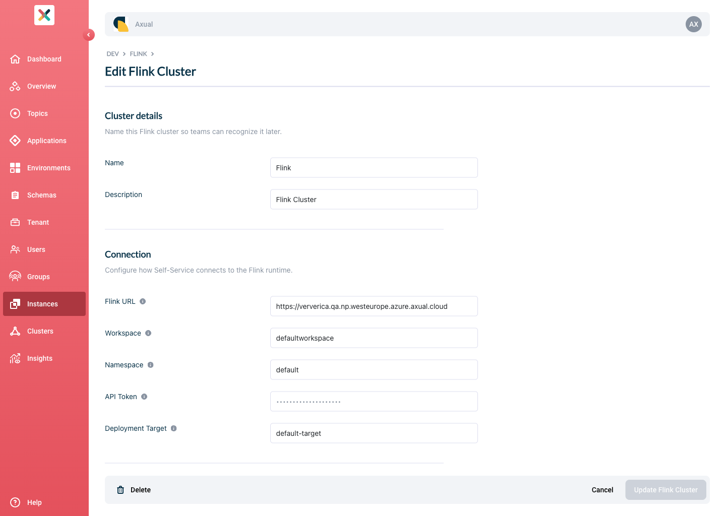 Axual "Self-Service" UI, "Instances" page showing the Register Flink Cluster form