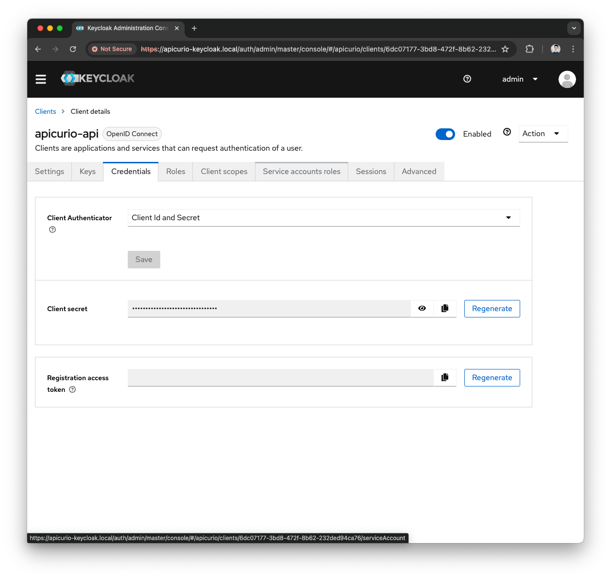 Keycloak Apicurio-API Client Service Accounts Roles tab