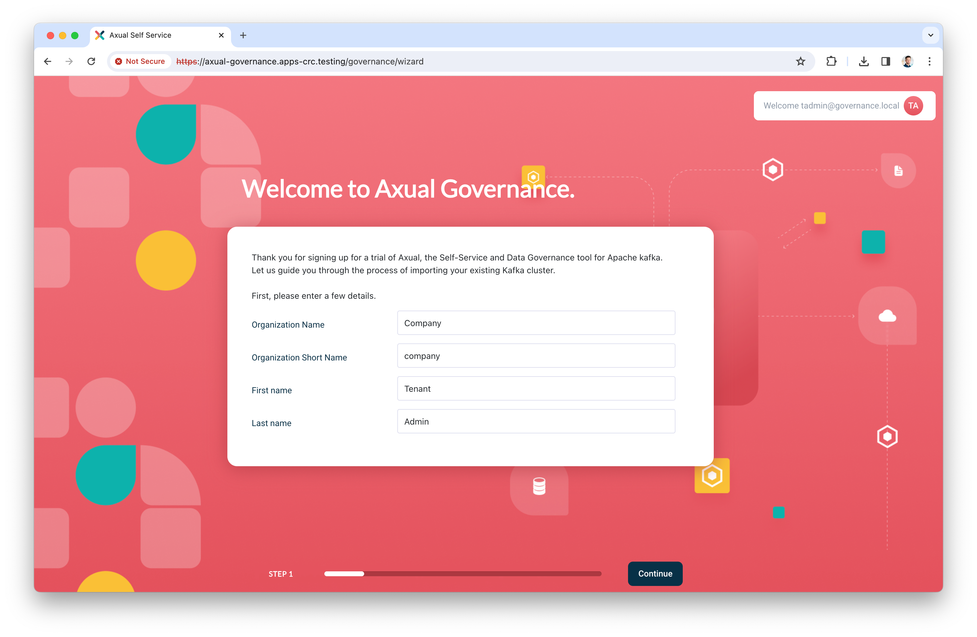 Axual Governance - adding an organisation (OpenShift)
