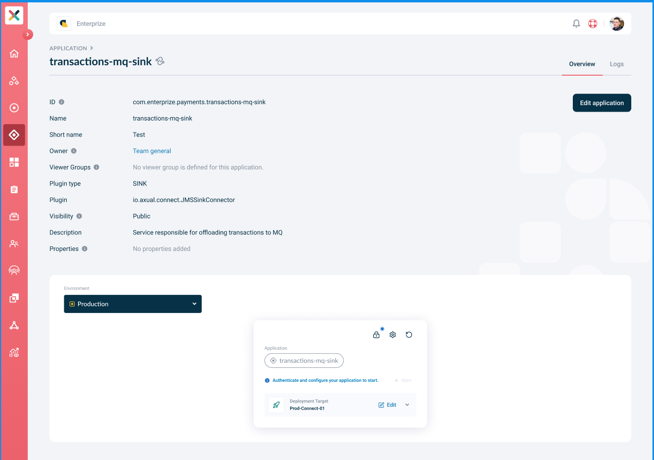 Axual "Self-Service" UI, Deployment Target section collapsed into a summary card showing the selected cluster, plugin class, and plugin version
