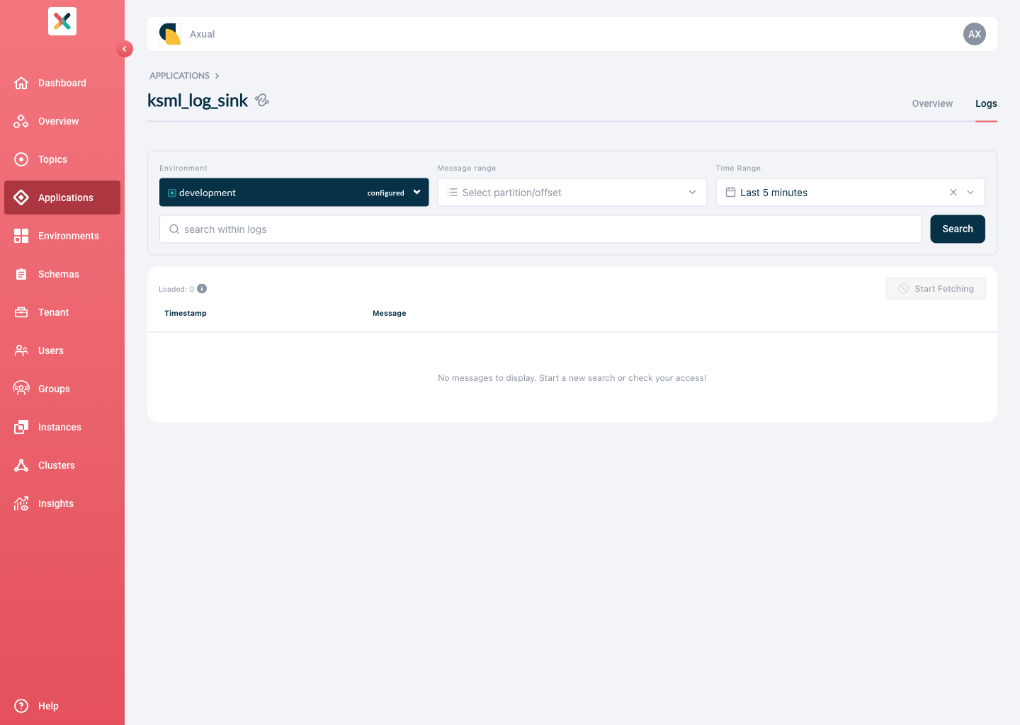 Axual "Self-Service" UI, section of the "Application" page, showing the connector logs tab