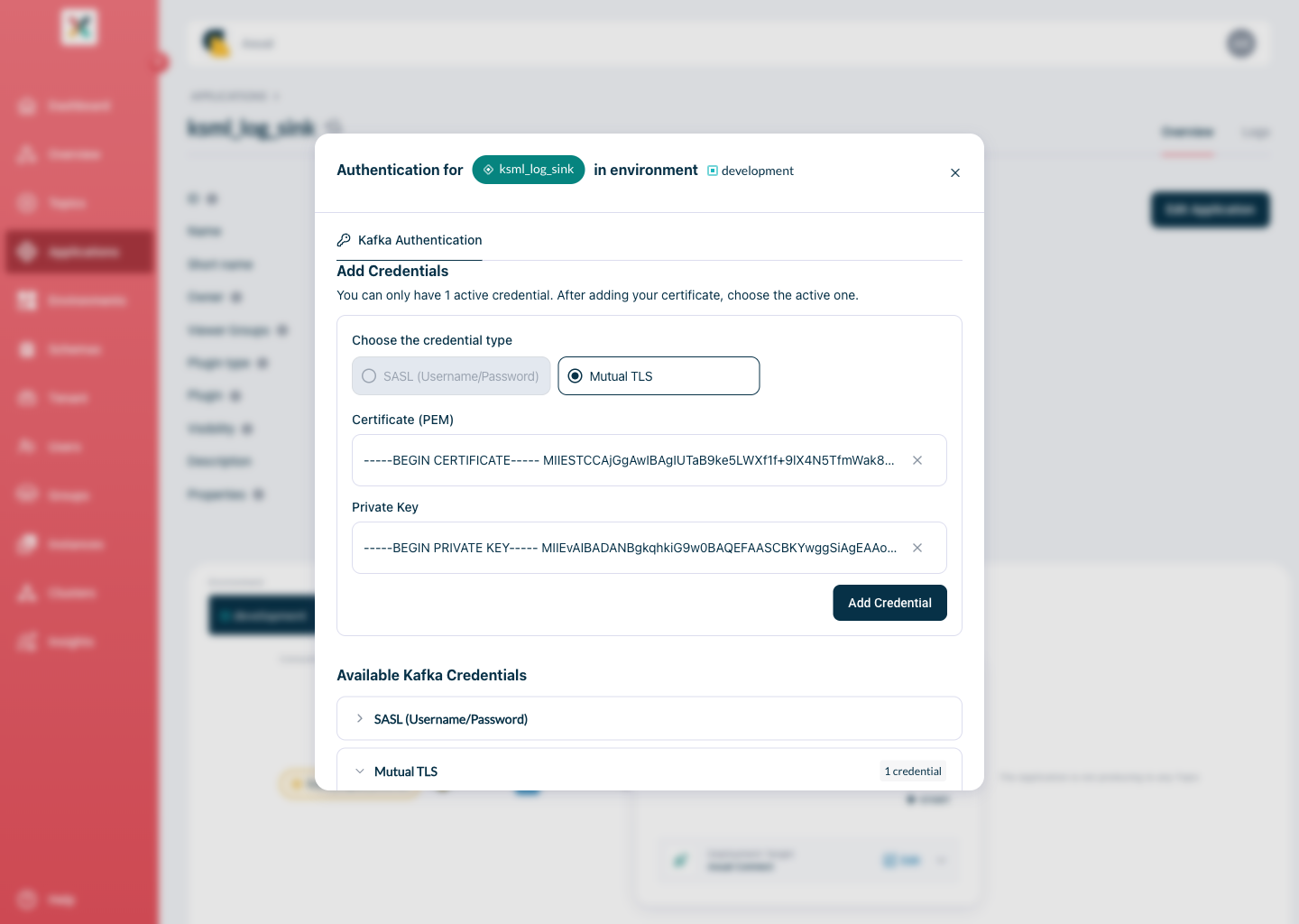 Axual "Self-Service" UI, Authentication modal with a new certificate and private key selected in the Add Credentials section, above the currently Active Mutual TLS credential