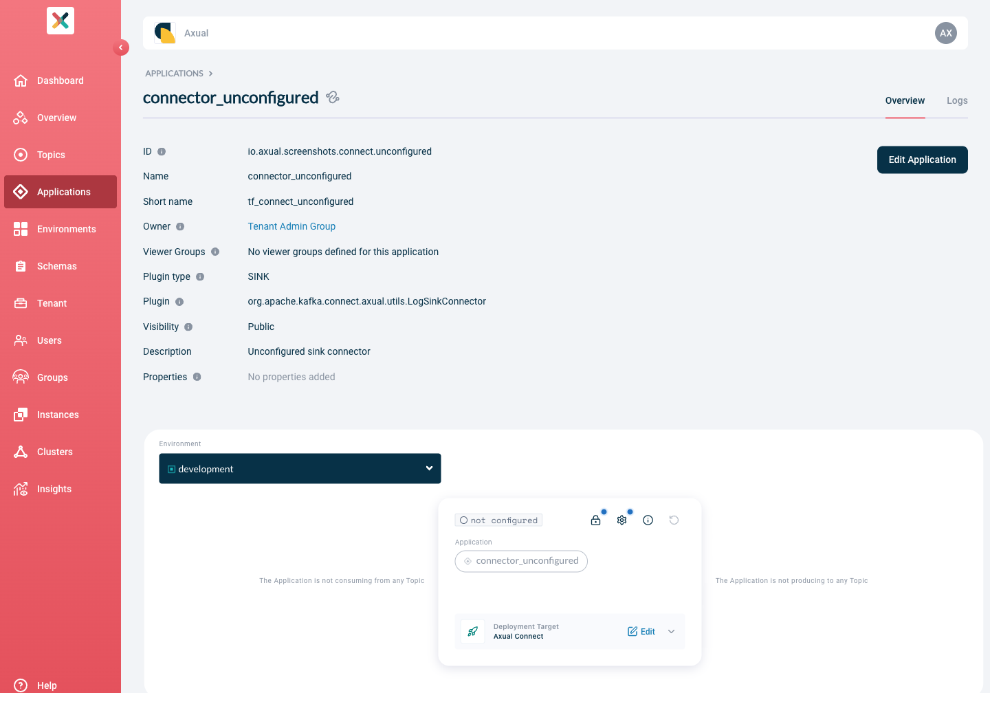 Axual "Self-Service" UI, section of the "Application" page, showing the four action buttons on the connector application environment box