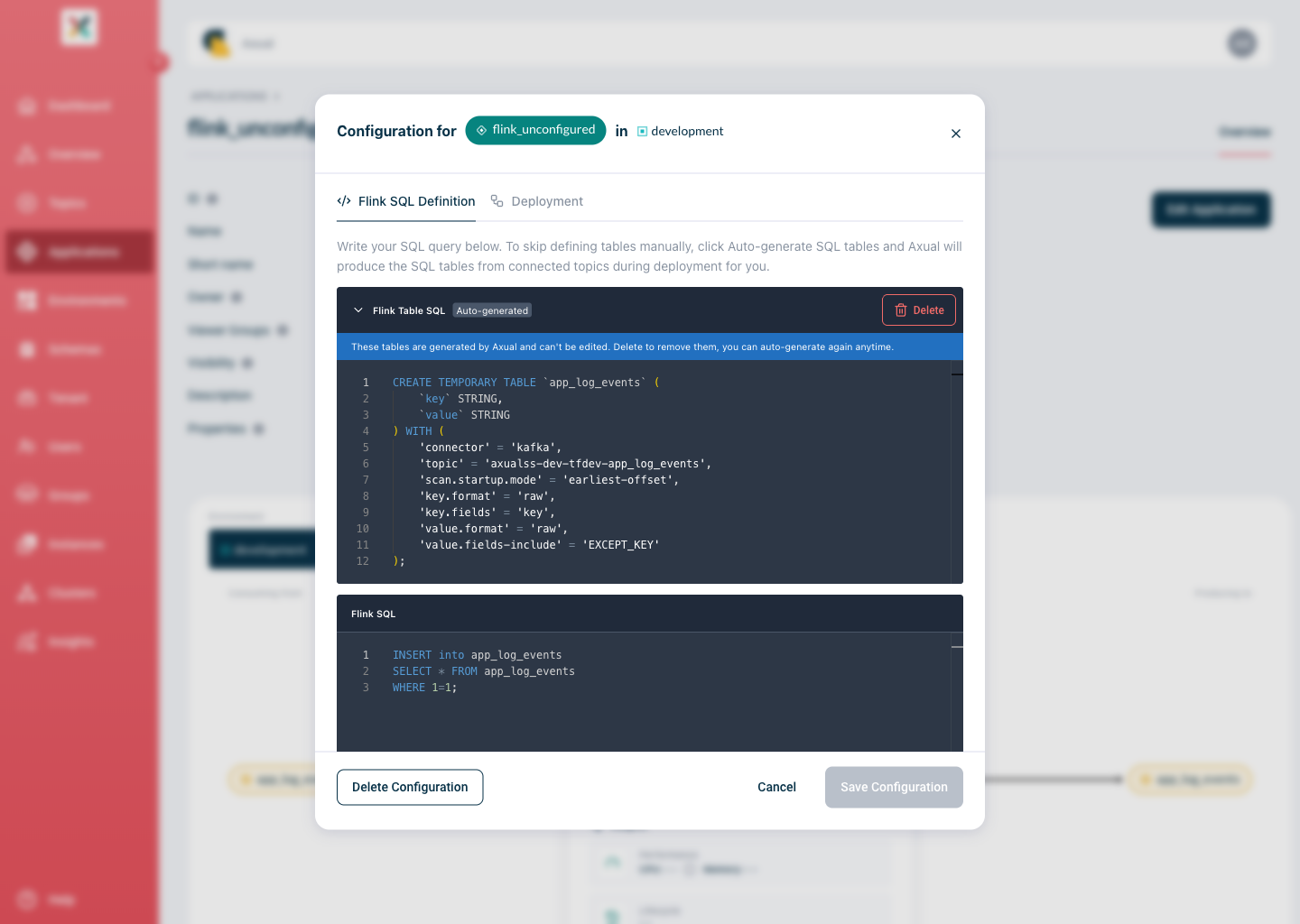 Axual "Self-Service" UI, "Application" page showing the Flink SQL tab with Auto-generate tables enabled and the generated CREATE TEMPORARY TABLE statements
