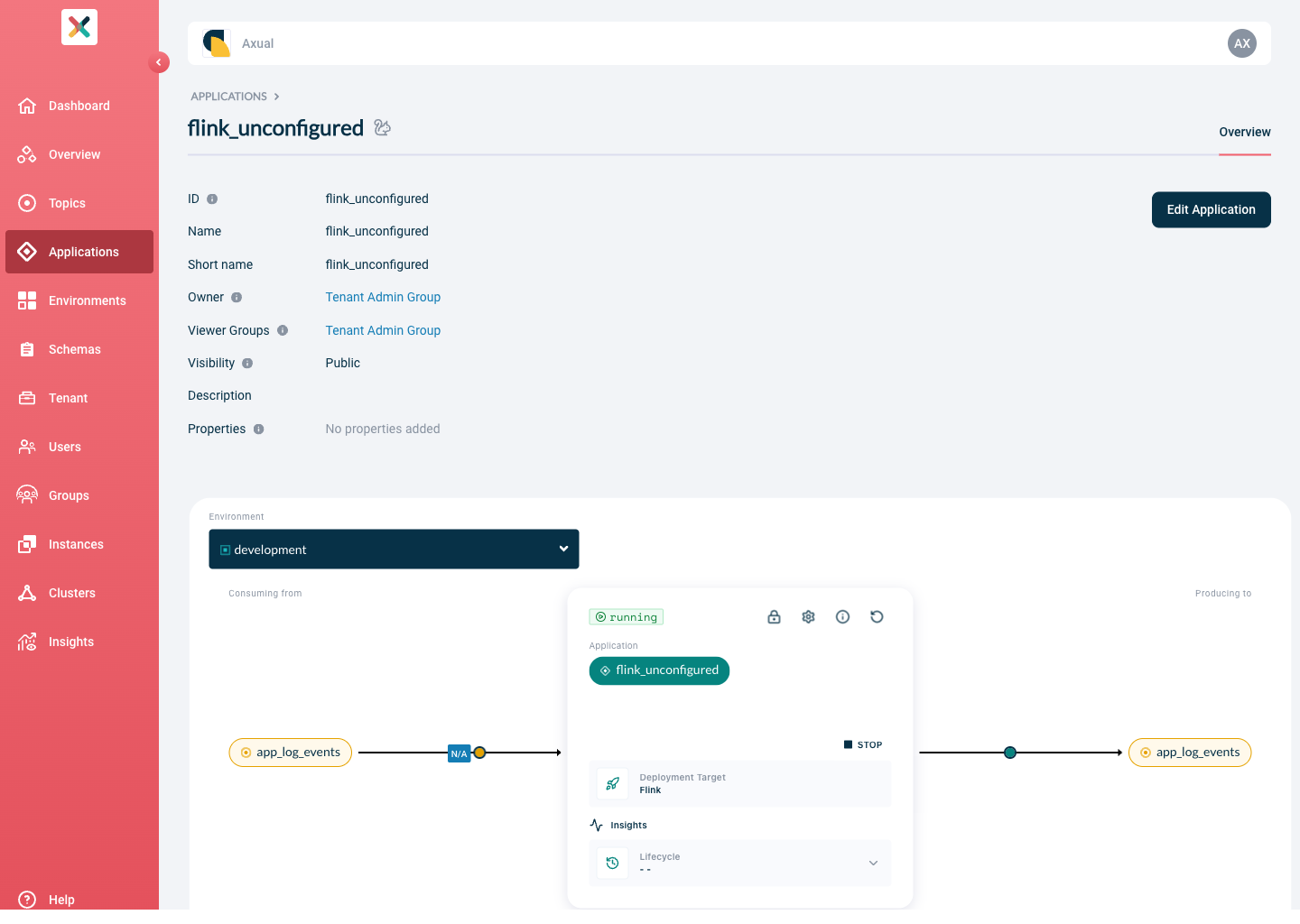 Axual "Self-Service" UI, "Application" page showing the status, logs, and metrics of a running Flink application
