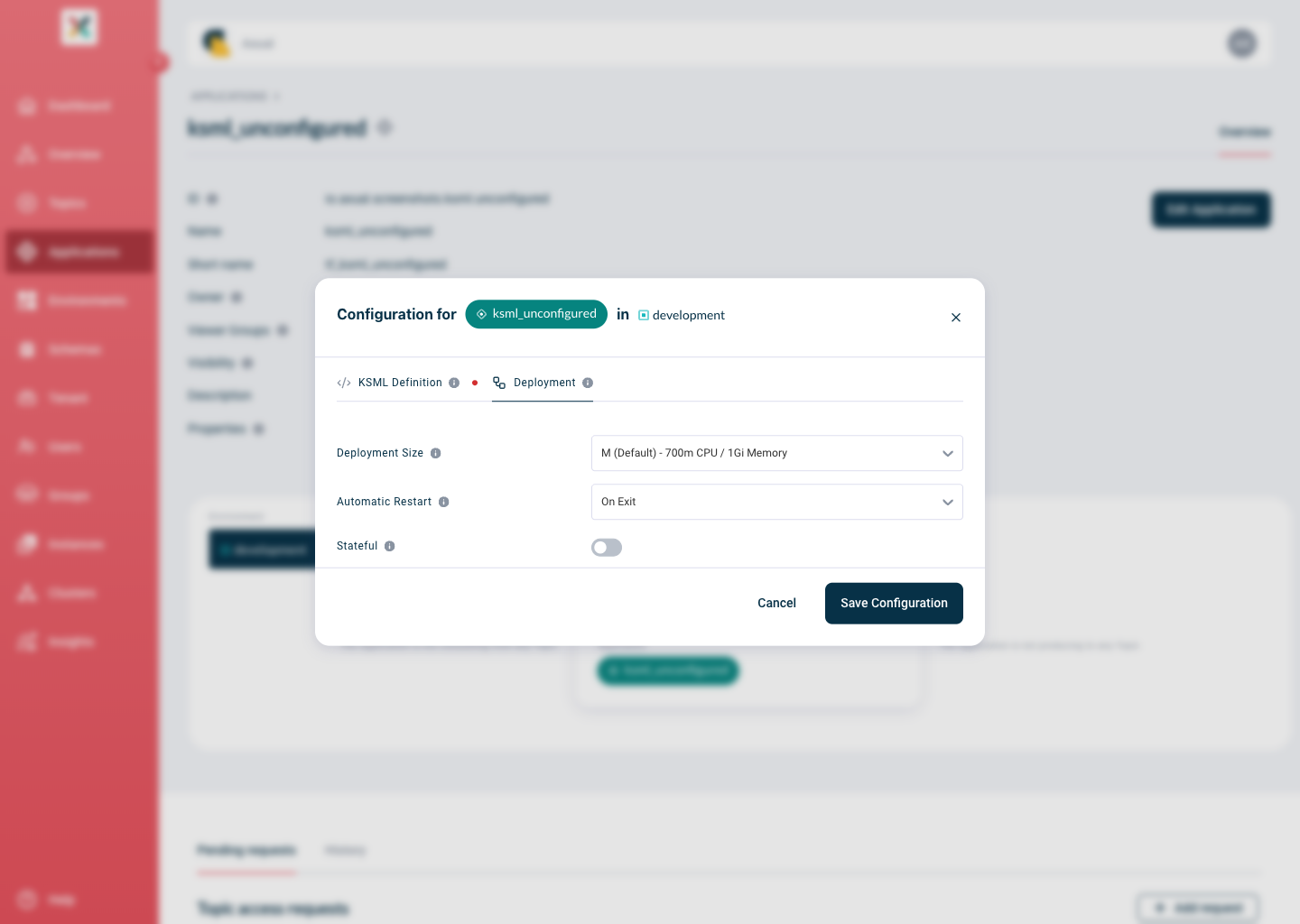 Axual "Self-Service" UI, "Application" page showing the Deployment Size with the default value in the "Deployment" tab