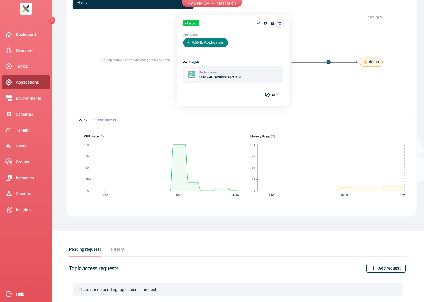 Axual "Self-Service" UI, "KSML Application" page showing the Metrics section