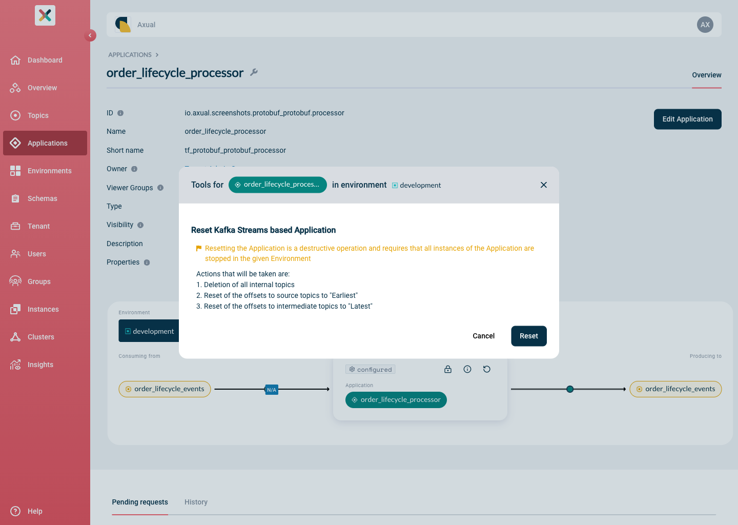 Reset Kafka Streams based modal