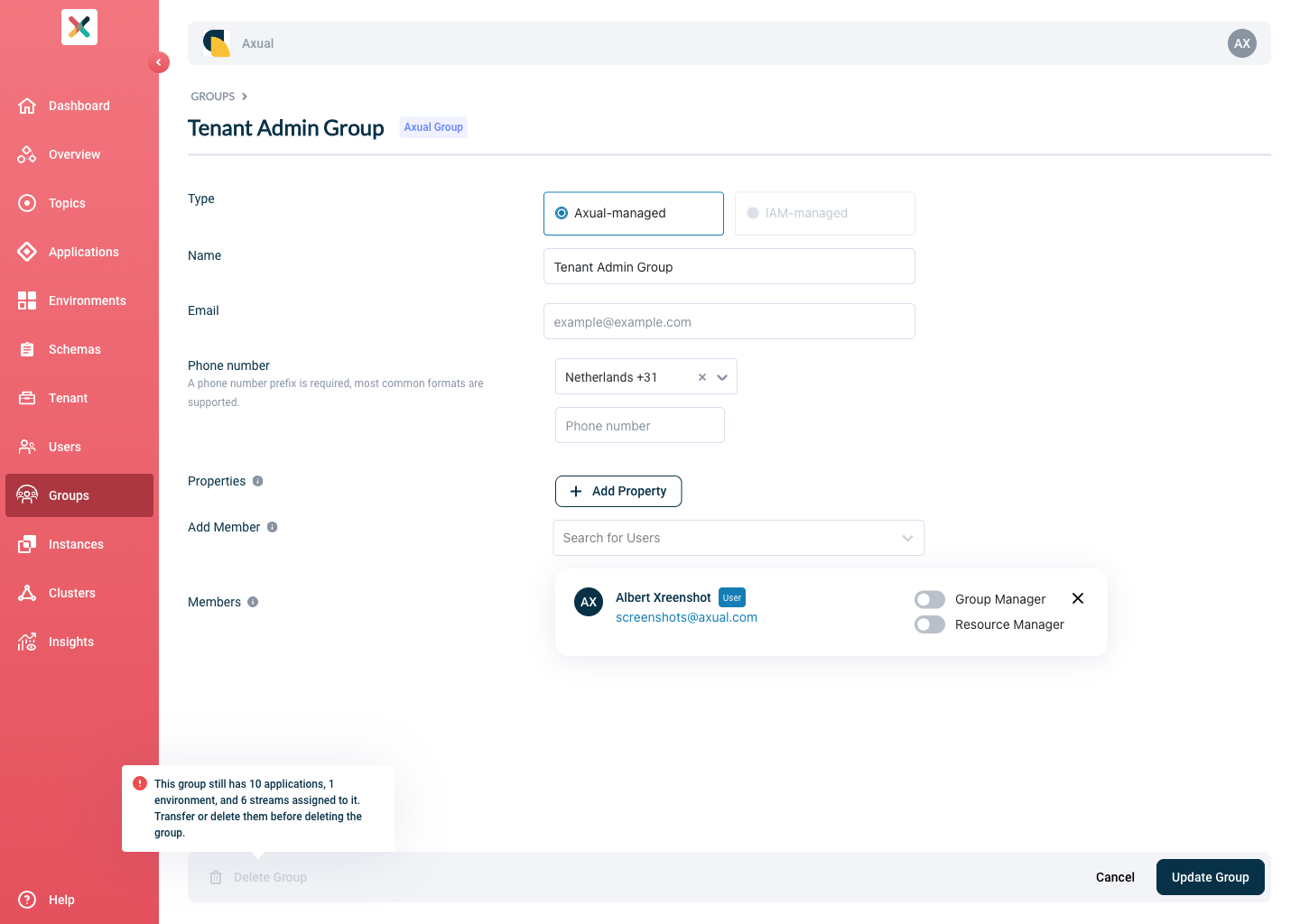 Inform delete group modal