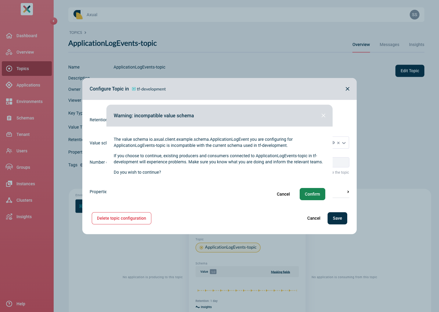 Incompatible schema warning