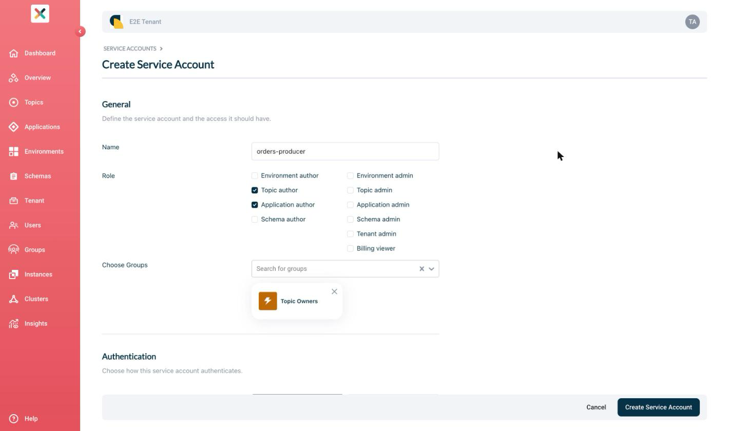 Create service account form
