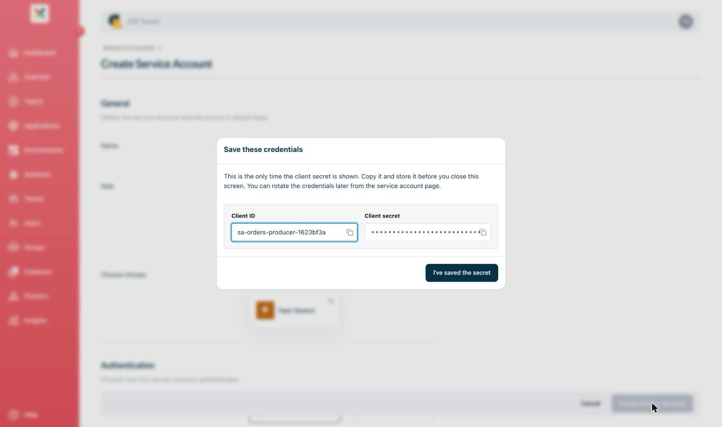 One-time client secret dialog