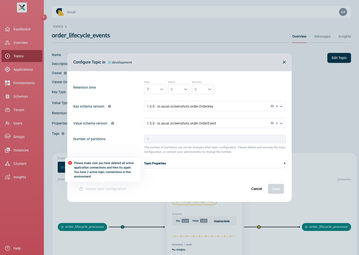 Inform topic configuration delete modal