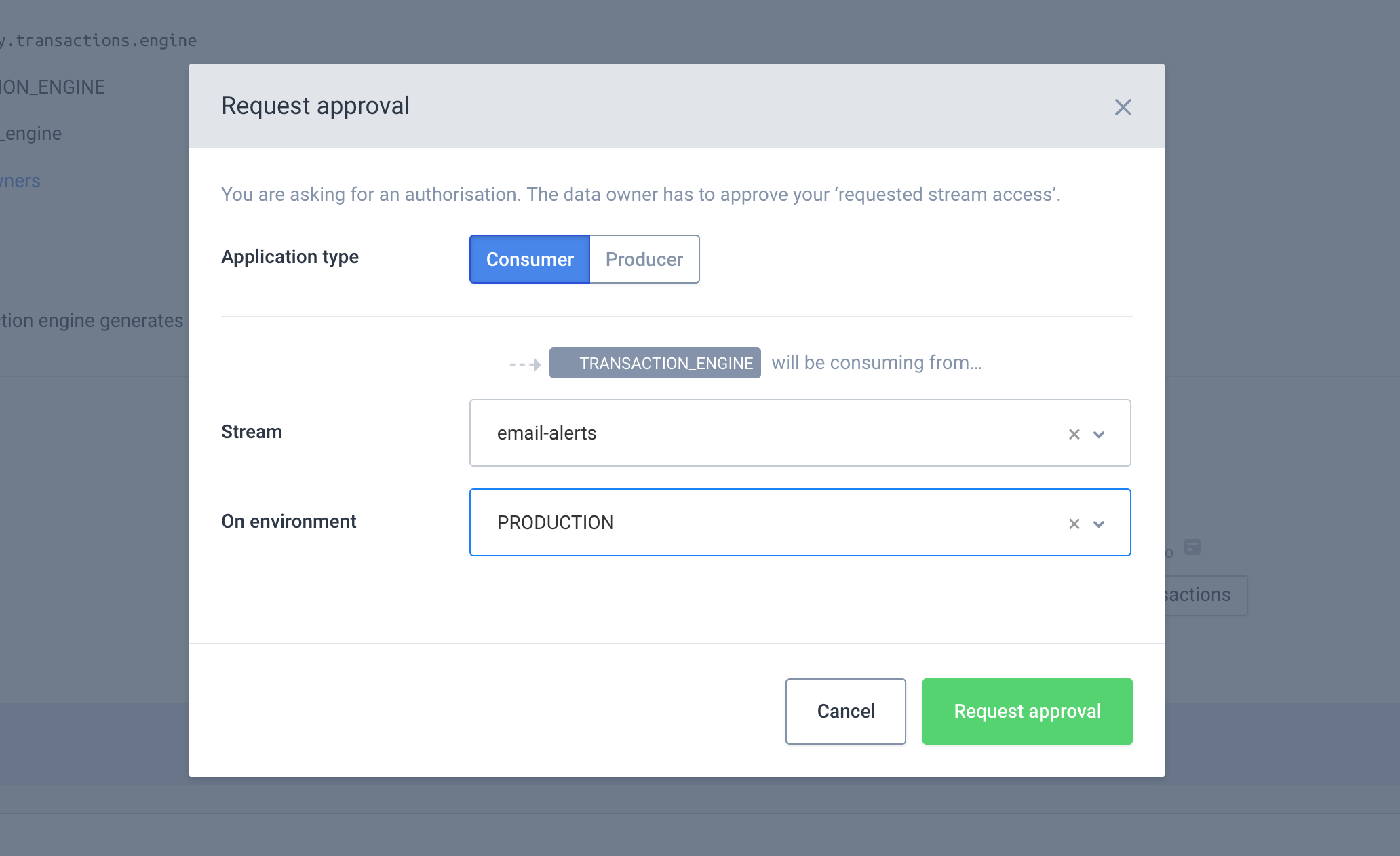 Request approval modal