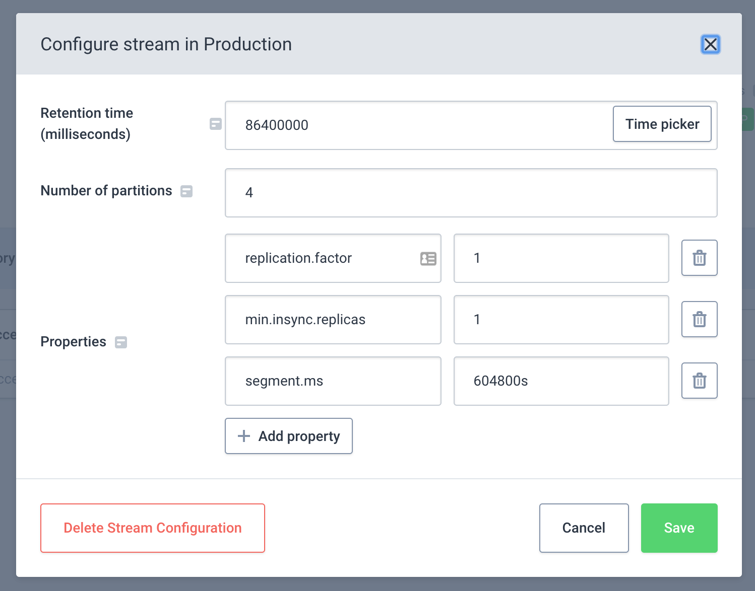 Stream configuration modal