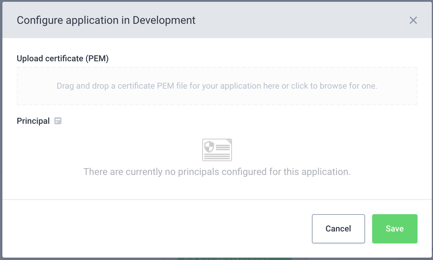 Configure application principals modal