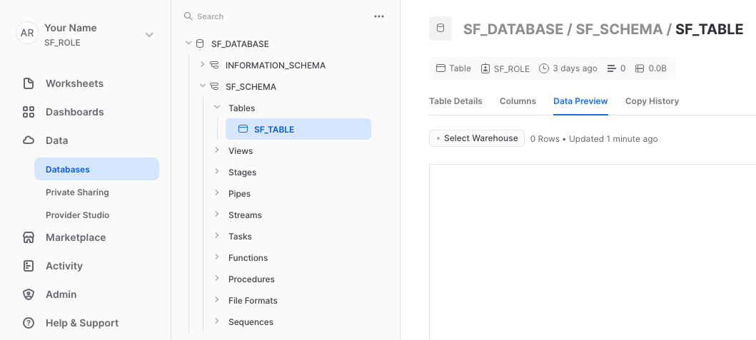 Snowflake UI, in the "Data Preview" tab of a selected table