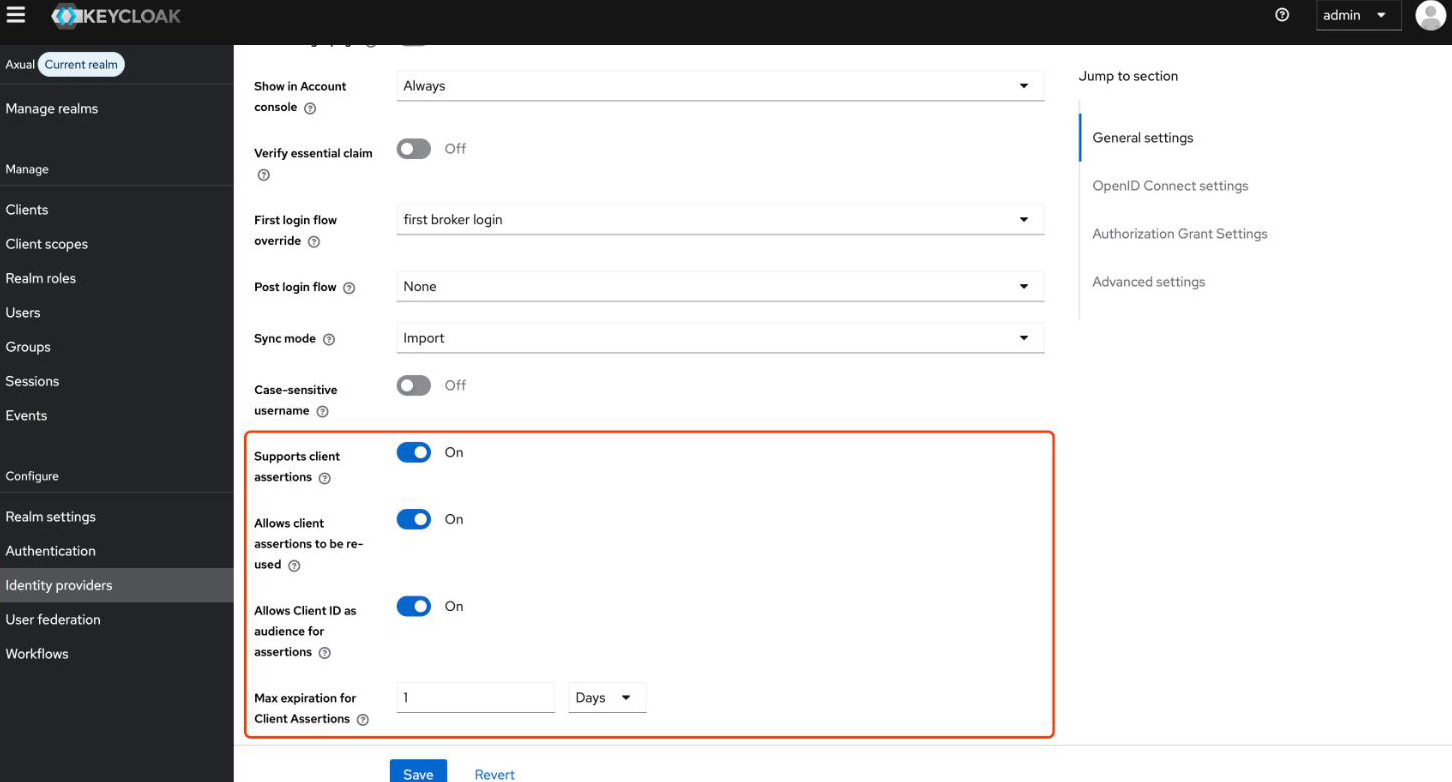 Client-assertion settings on the identity provider Settings tab