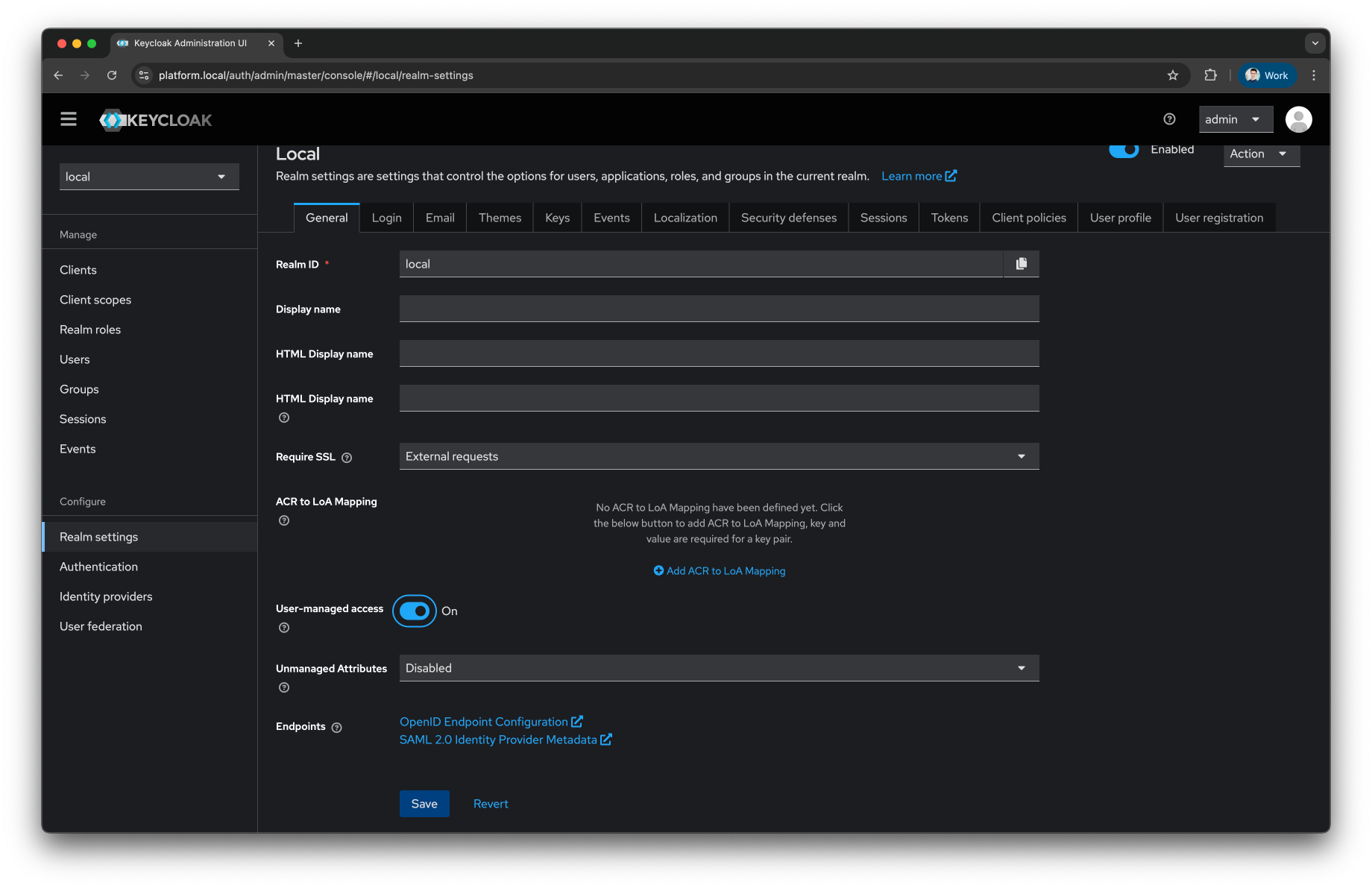 Keycloak Configure realm User-Managed