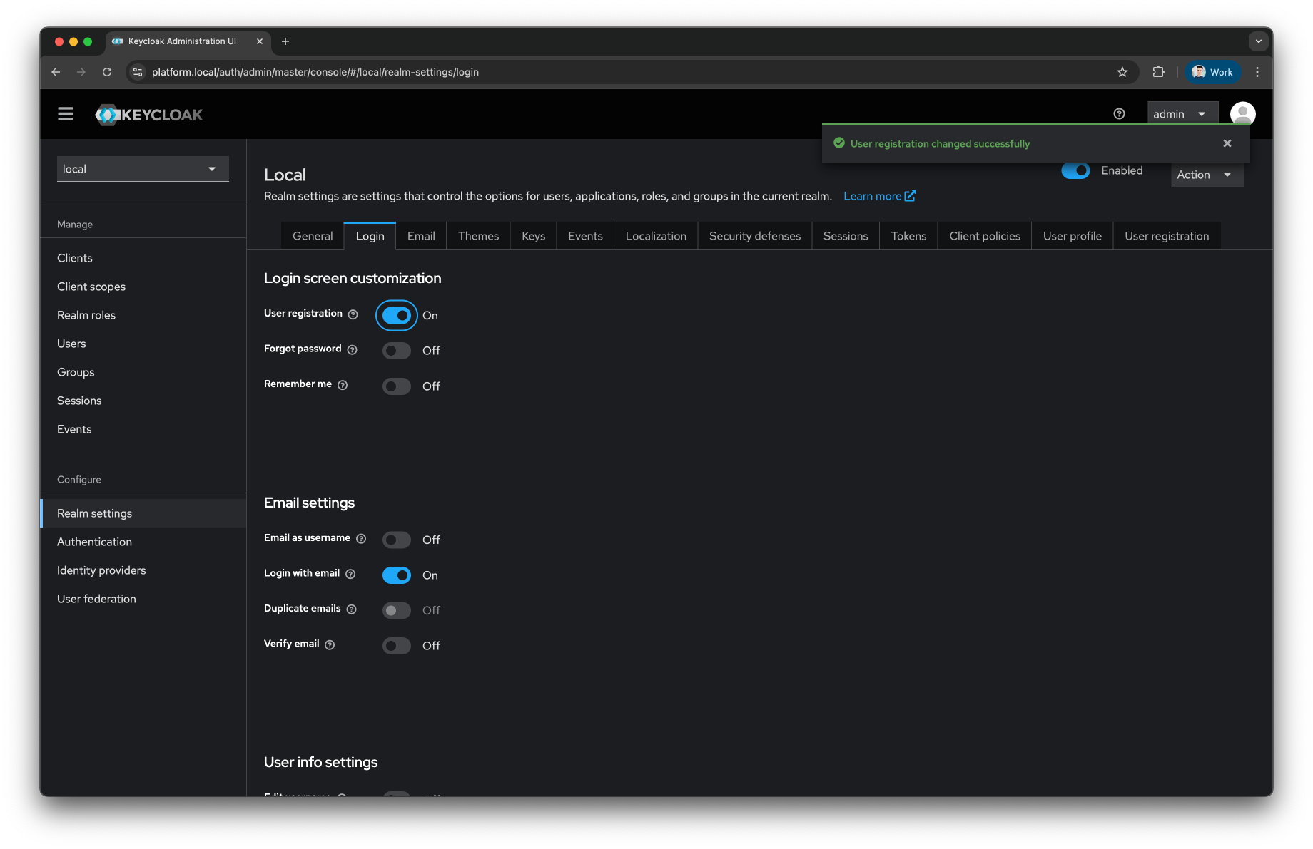 Keycloak Configure realm User-Registration