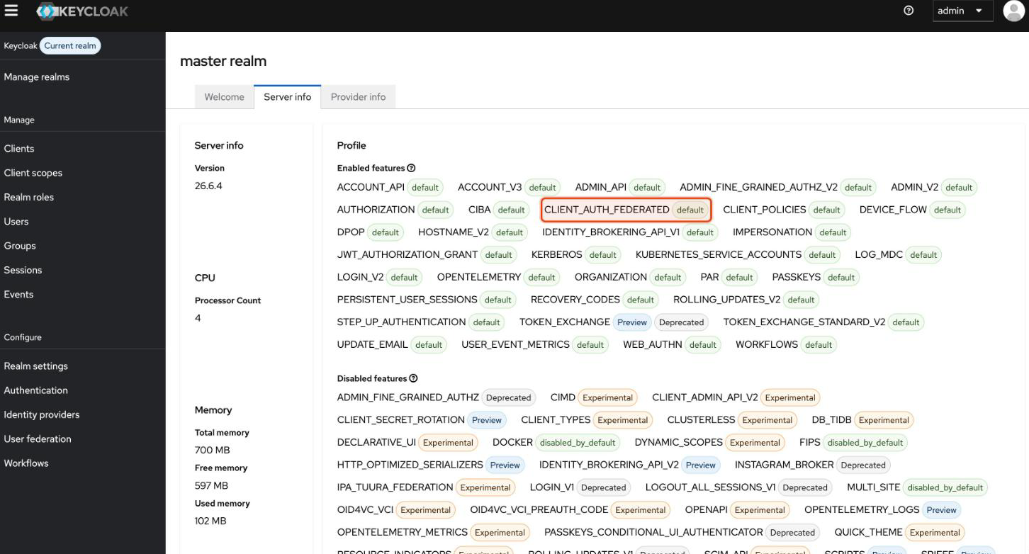 CLIENT_AUTH_FEDERATED listed as an enabled default feature on the server info page