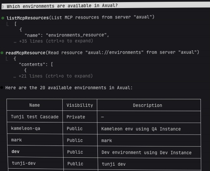 axual mcp which envs are available