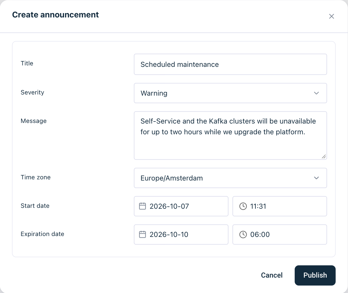 Create announcement dialog with all fields filled in