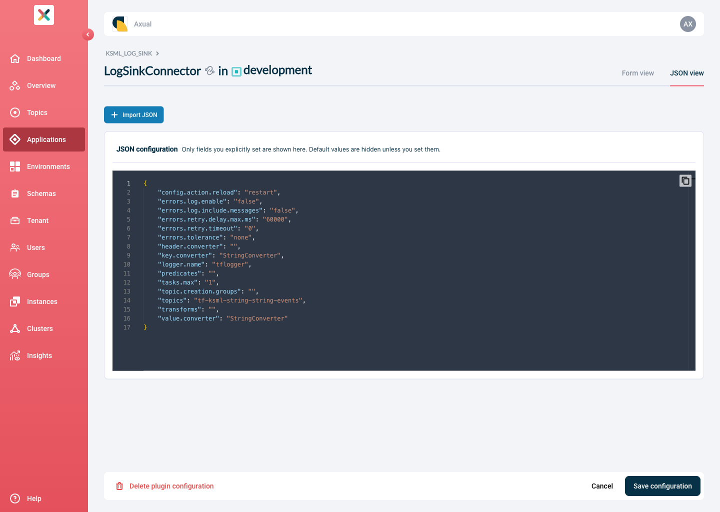 Axual "Self-Service" UI, Plugin Configuration page showing the JSON view tab with a code editor displaying only the properties you set