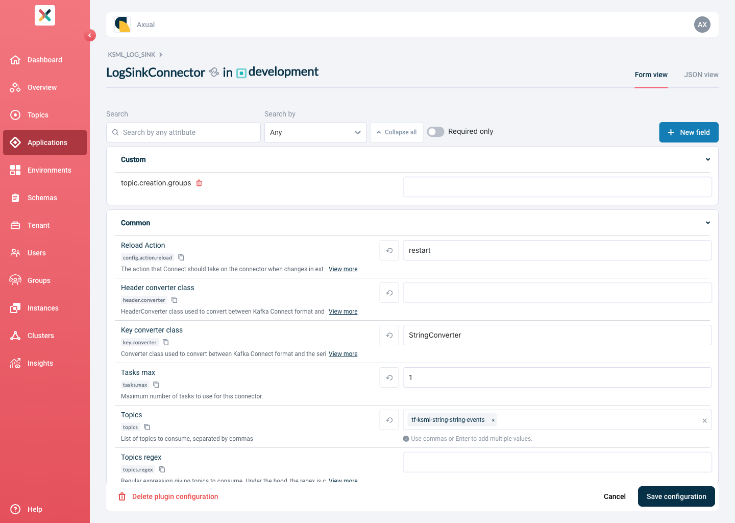 Axual "Self-Service" UI, Plugin Configuration page in Form view with grouped configuration sections, search bar, Required only toggle, and New field button
