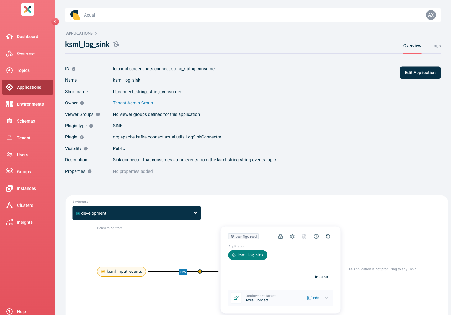 Axual "Self-Service" UI, section of the "Application" page, showing the Connector-configuration status box of a configured connector, in "ready" state (not started yet)