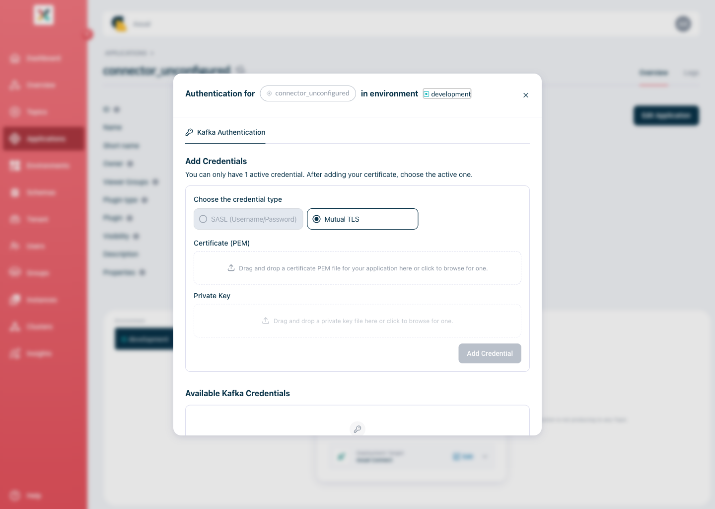 Axual "Self-Service" UI, Authentication modal for a connect-application, showing the Kafka Authentication tab with the Add Credentials section and empty certificate and private key upload areas