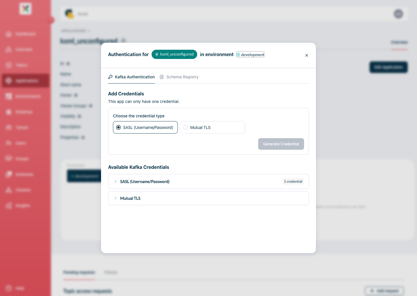 Configure application Credentials modal
