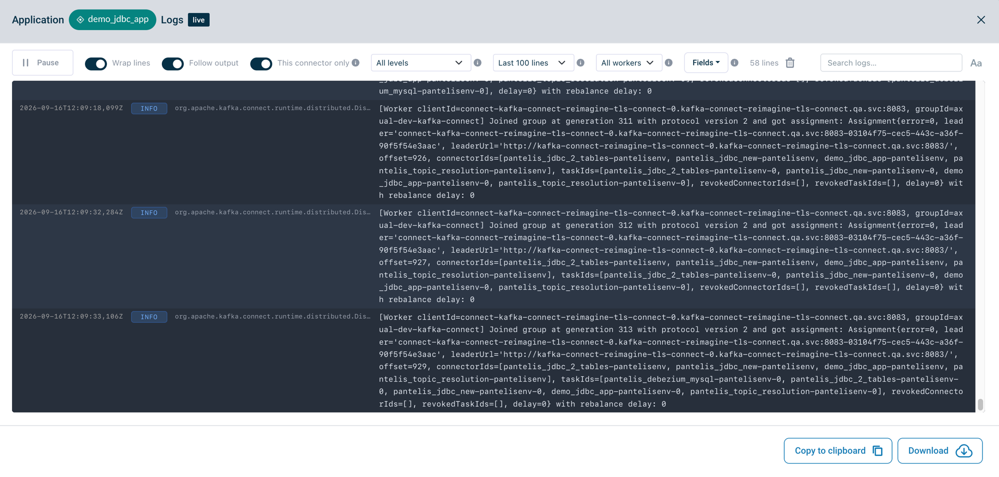 Axual Self-Service, the log console of a connector application, showing the toolbar with the This connector only, Log level, History, Worker and Fields controls, the line counter, and streamed log lines