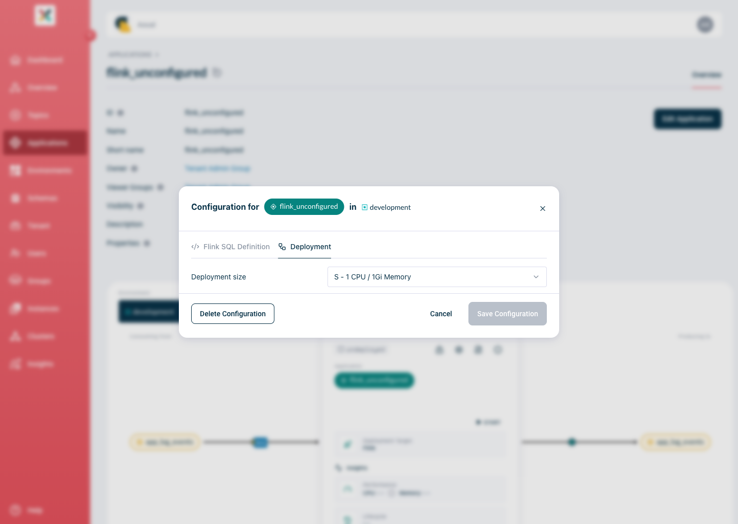 Axual "Self-Service" UI, "Application" page showing the Deployment tab of a Flink application, with the Flink cluster dropdown and Deployment Size field