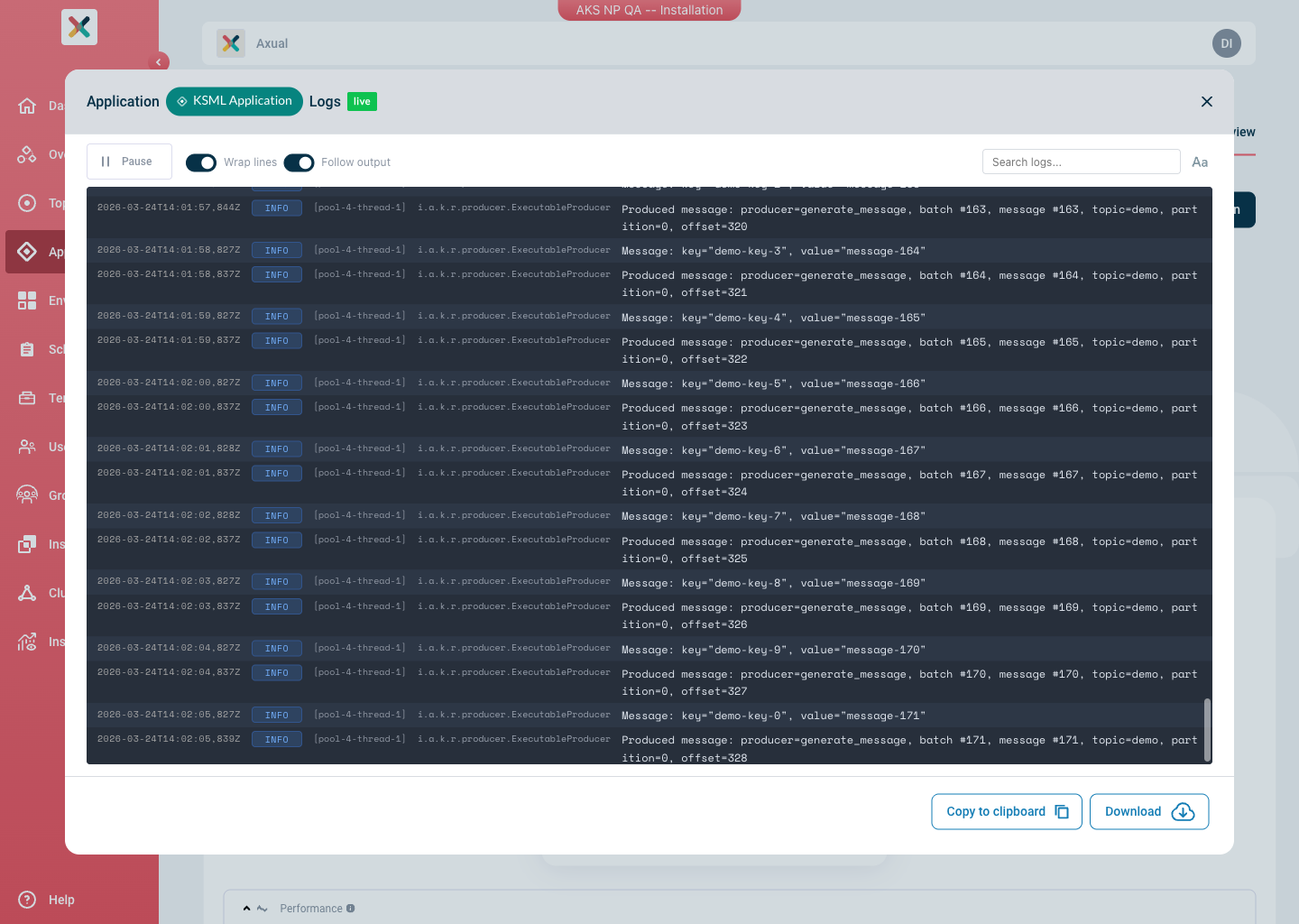 Axual "Self-Service" UI, "Application" page showing the KSML application log console