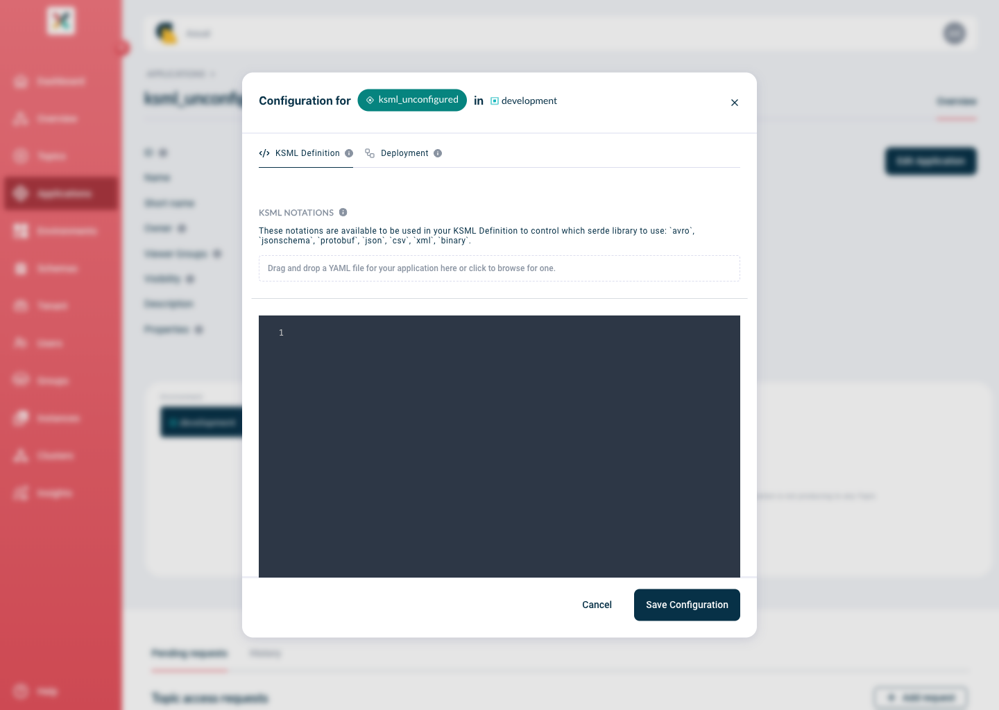 Axual "Self-Service" UI, "Application" page showing the KSML-definition and Deployment tabs of an unconfigured ksml-application