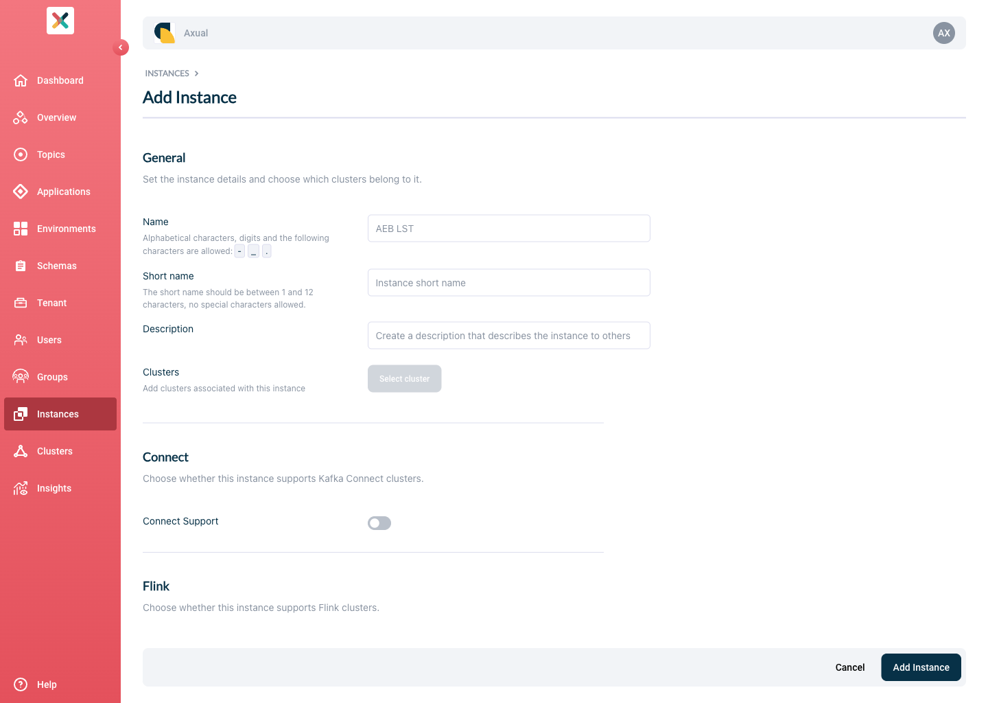 Self-Service Add Instance Details page