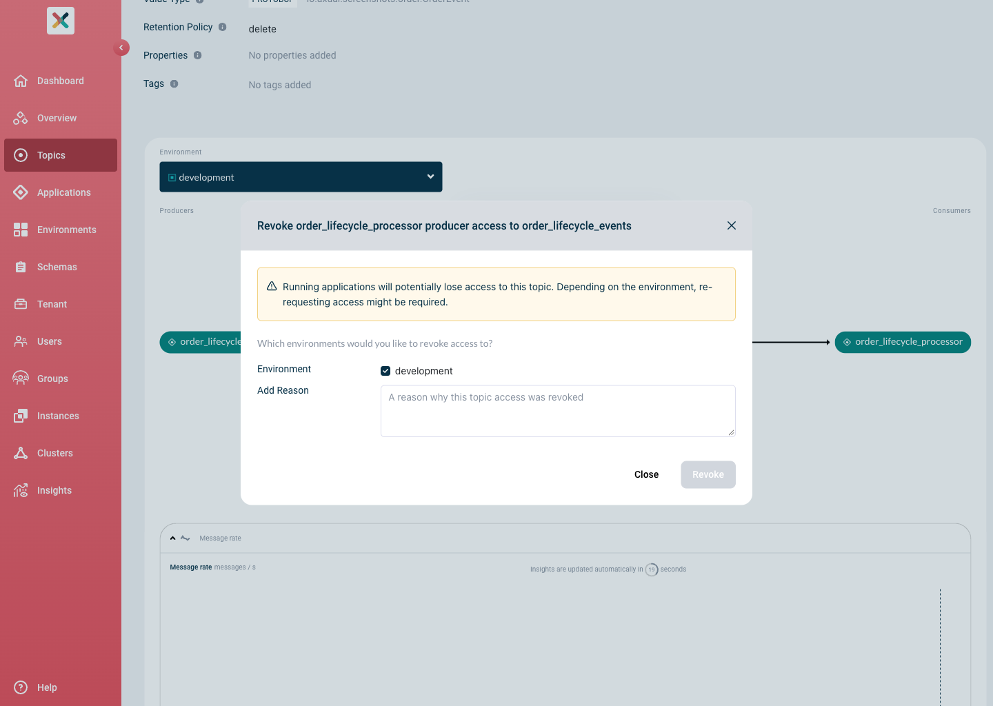 Adding a reason and selecting an environment when revoking access