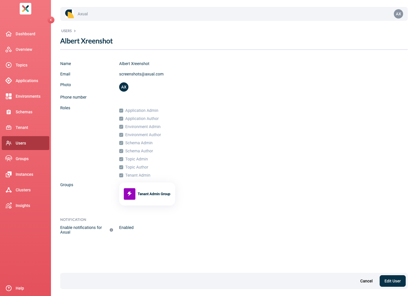 User detail page