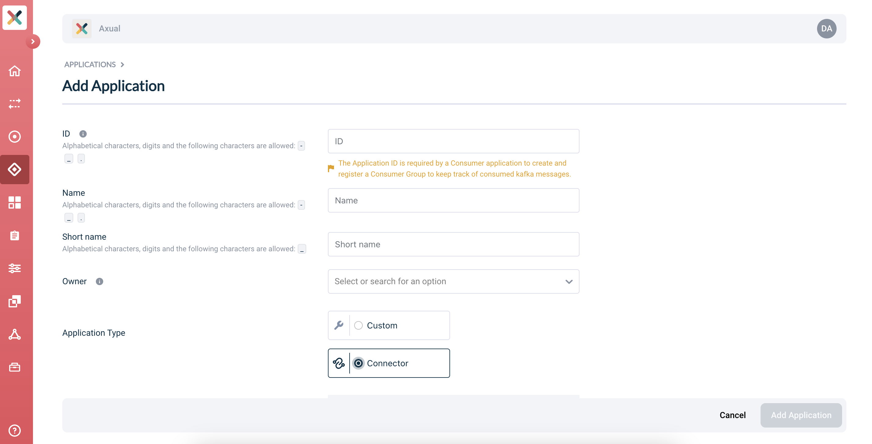 Axual "Self-Service" UI, "Add Application" page