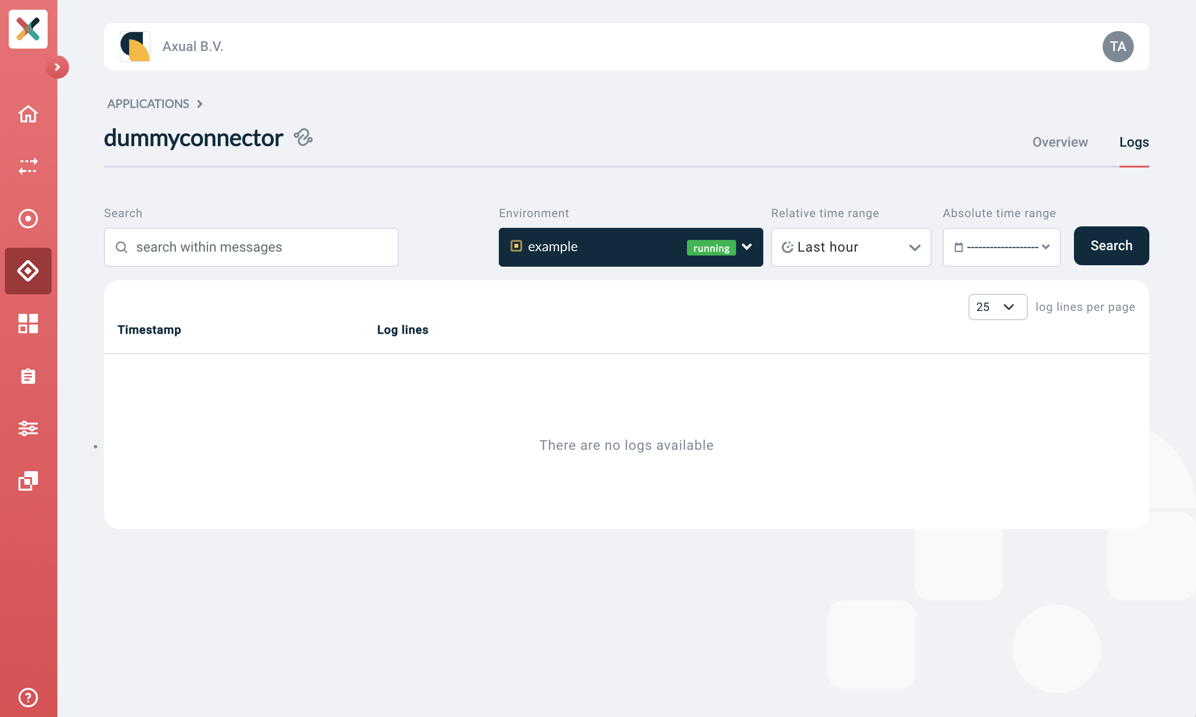 Axual "Self-Service" UI, section of the "Application" page, showing the connector logs tab