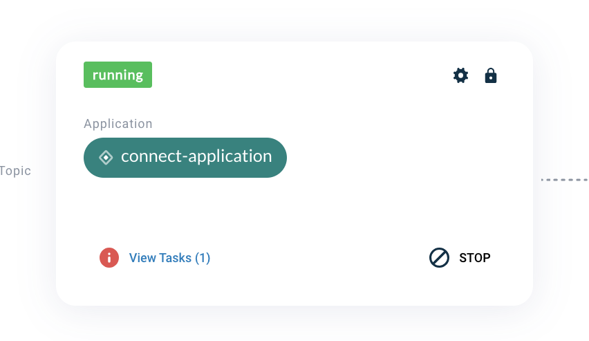 Axual "Self-Service" UI, section of the "Application" page, showing the connector-configuration status box of a configured connector, in "running" state