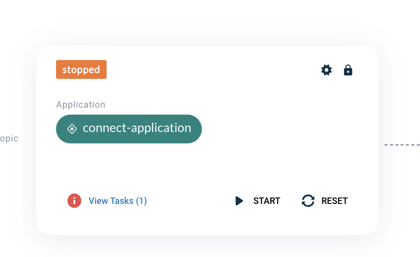 Axual "Self-Service" UI, section of the "Application" page, showing the connector-configuration status box of a configured connector, in "stopped" state and with the "gear" configuration button being highlighted