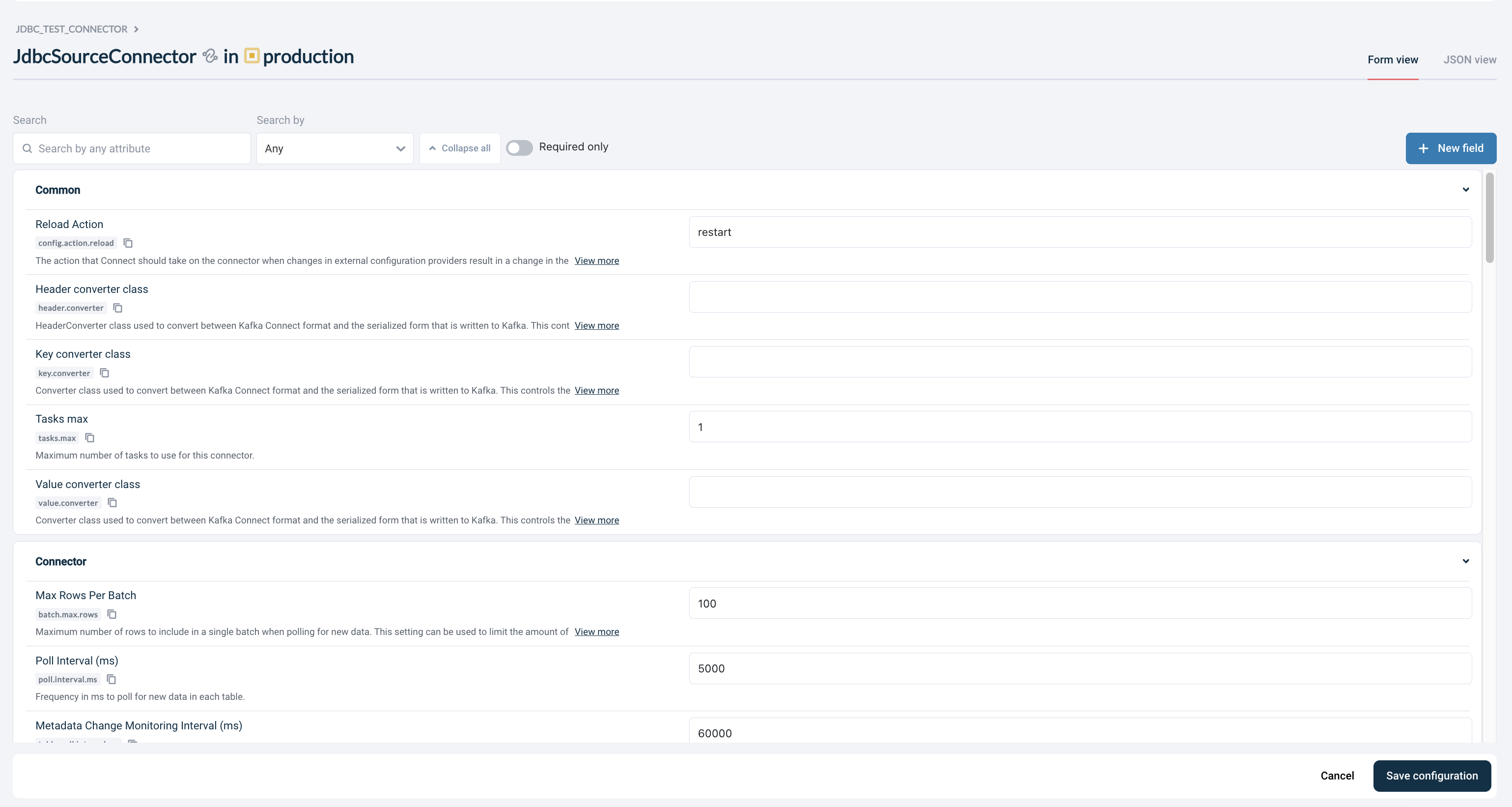 Axual "Self-Service" UI, section of the "Application" page, showing the Connector-configuration pop-up modal of an unconfigured connect-application