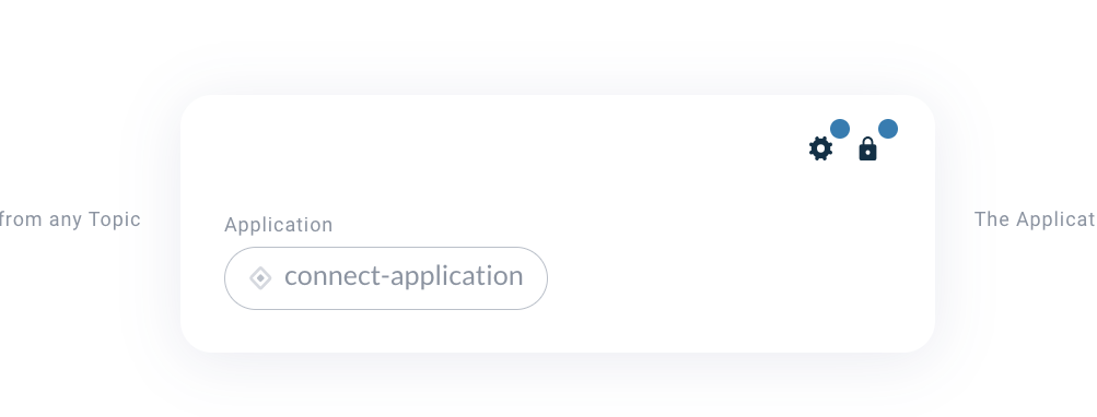 Axual "Self-Service" UI, section of the "Application" page, showing the security and configuration modal of an unconfigured connect-application, with the blue circle indicators on both configuration buttons