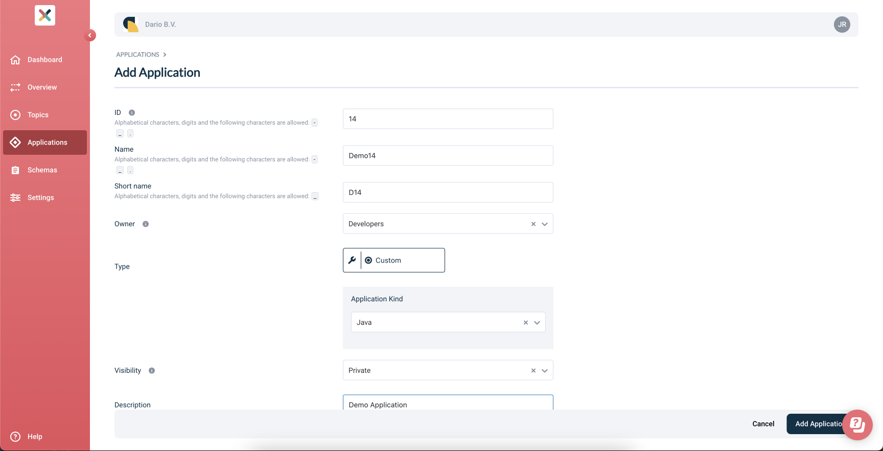 AddApplicationWithValues