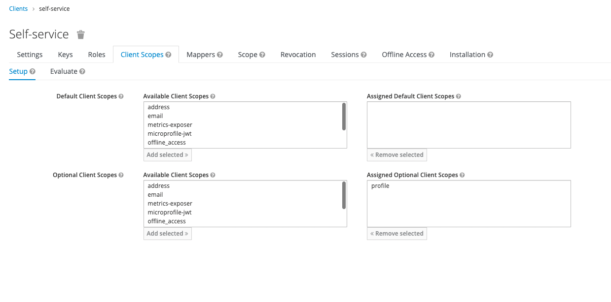 Keycloak Self-Service Client Profile Scope Assigned