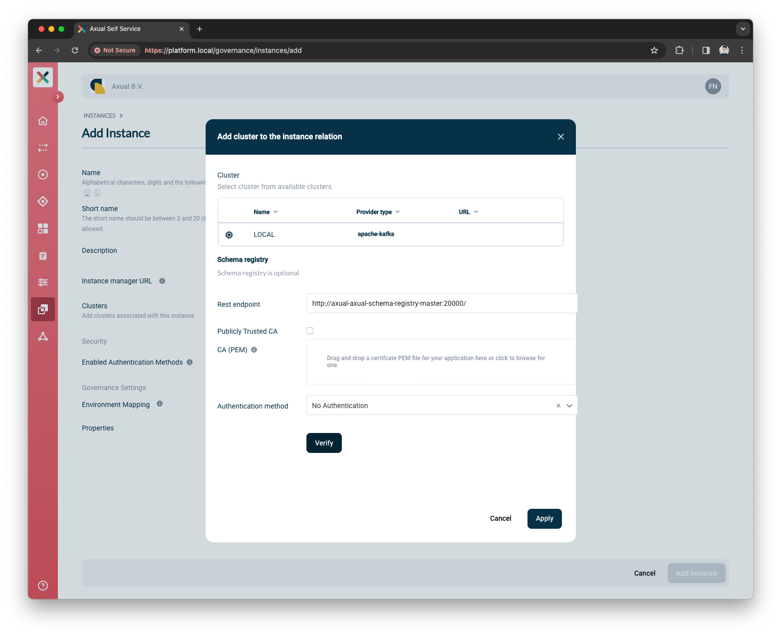 Self-Service Add Schema Registry Details page