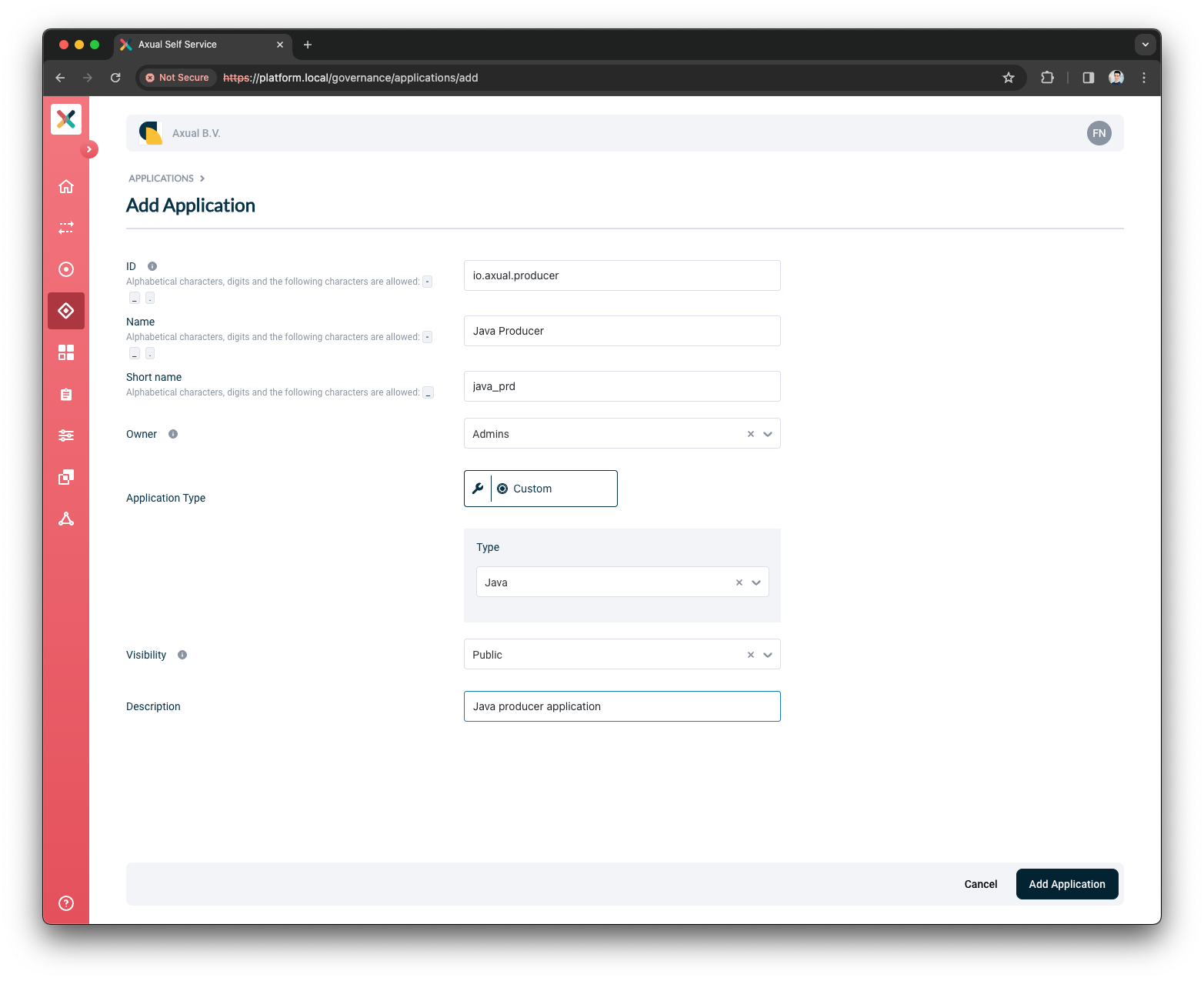 Self-Service Add Application Details page